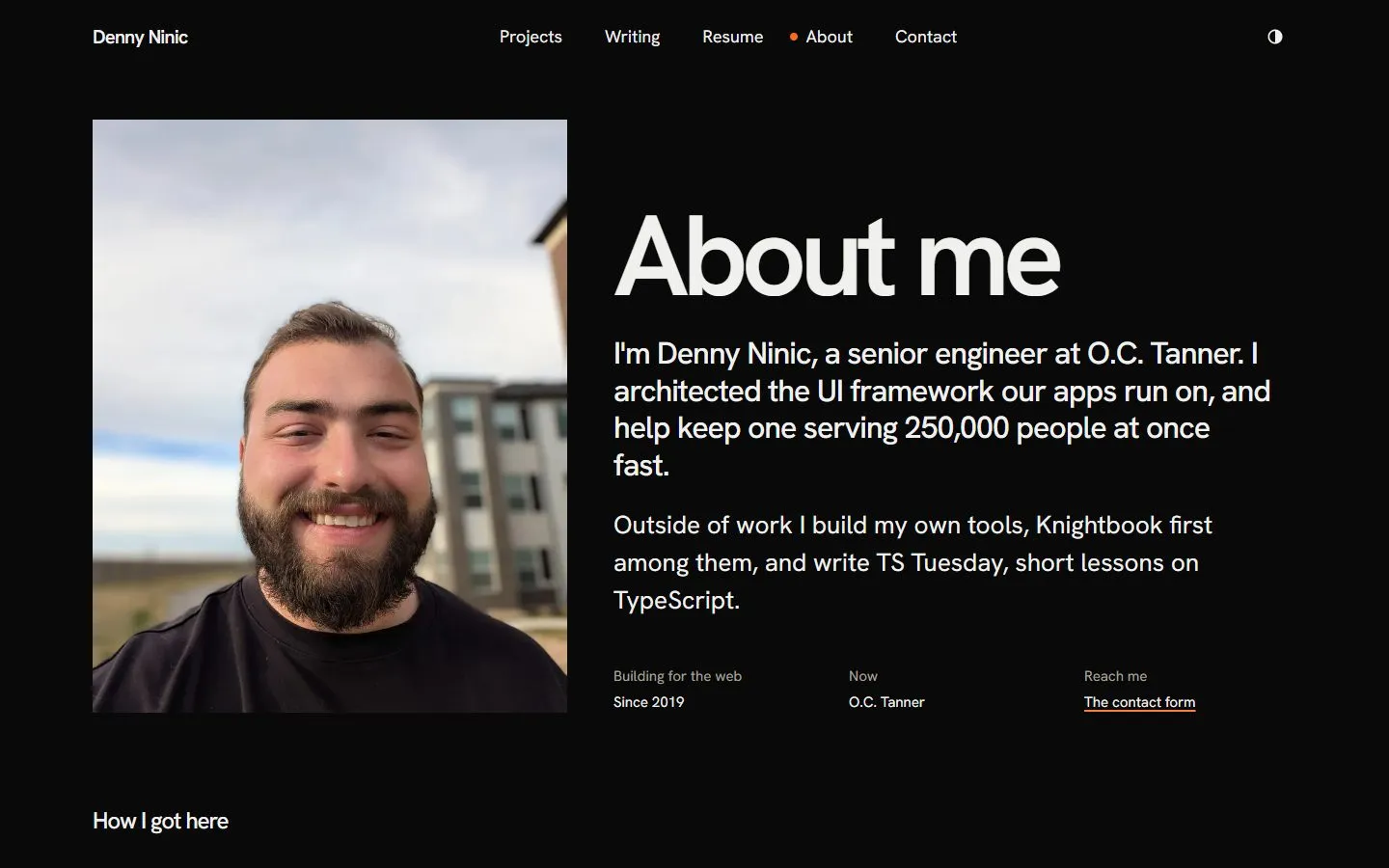 The dennyweb.dev About page: a large title, a short statement with a portrait of Denny set into the text, and three facts beside it.
