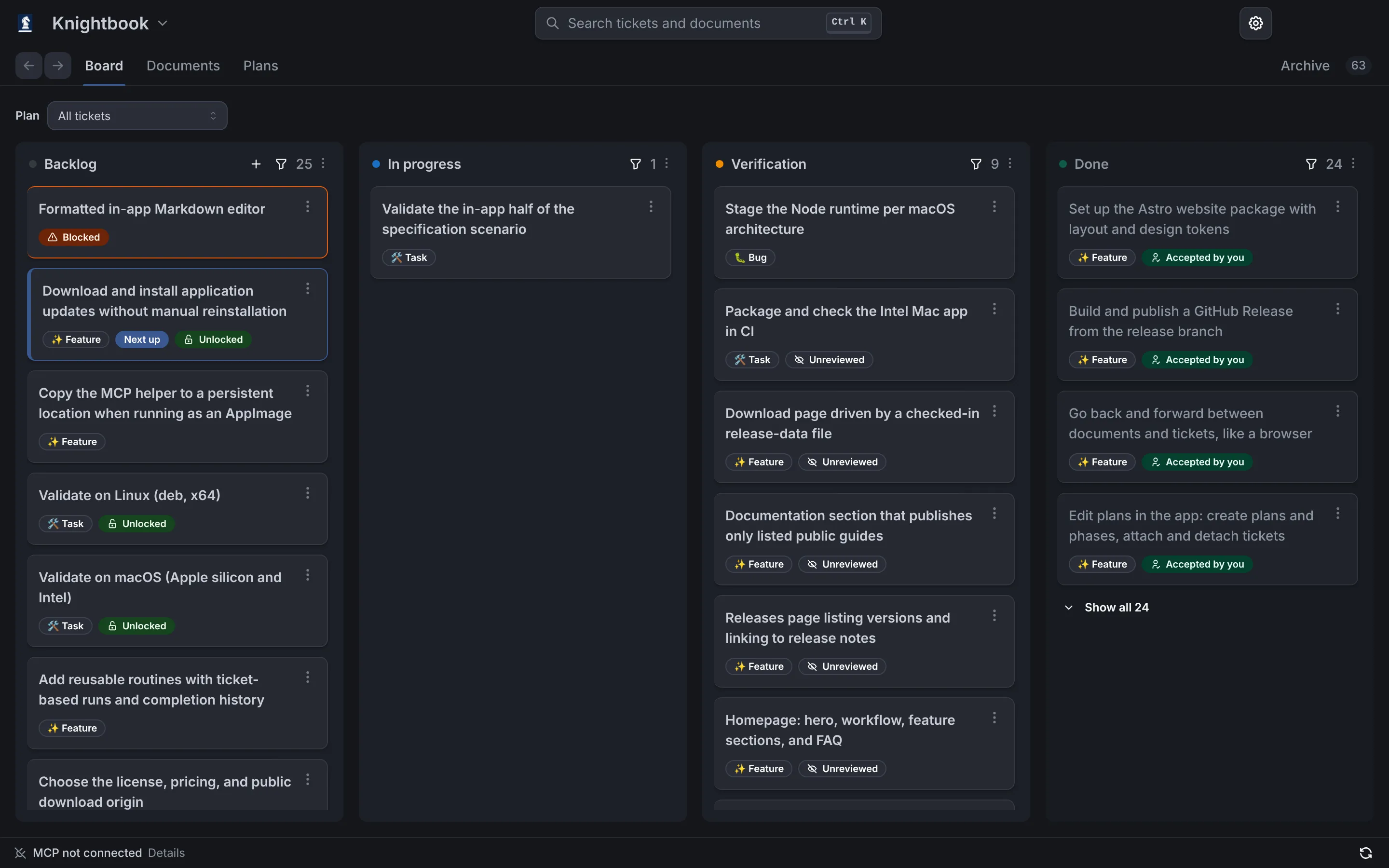 The Knightbook board, with tickets in Backlog, In progress, Verification and Done columns. Tickets in Done are marked Accepted by you.