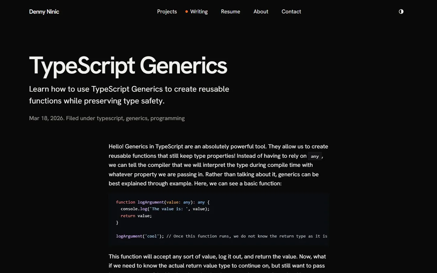 A TS Tuesday post on dennyweb.dev: a large title about TypeScript generics above the article text.