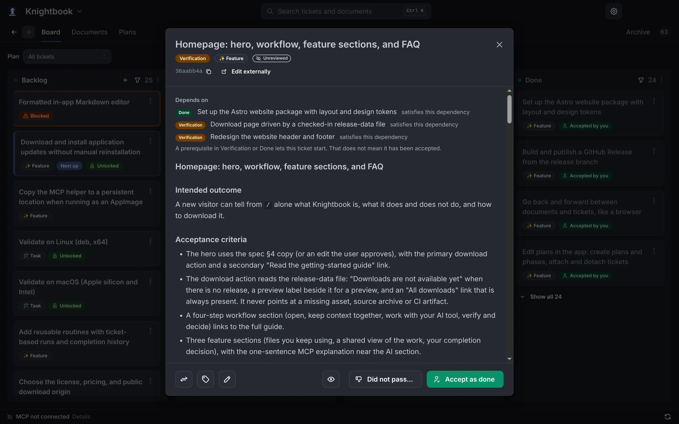 An open Knightbook ticket showing its dependencies, intended outcome and acceptance criteria, with Did not pass and Accept as done buttons.